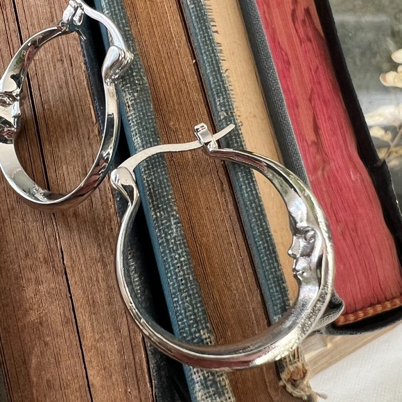 Crescent Moon Face Hoop Earrings - Picture 1 of 4